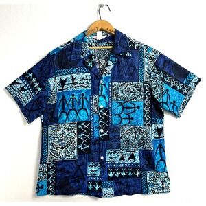 MADE IN HAWAII Barkcloth Short Sleeve Button Up Shirt Blue Tribal 70s Mens XL
